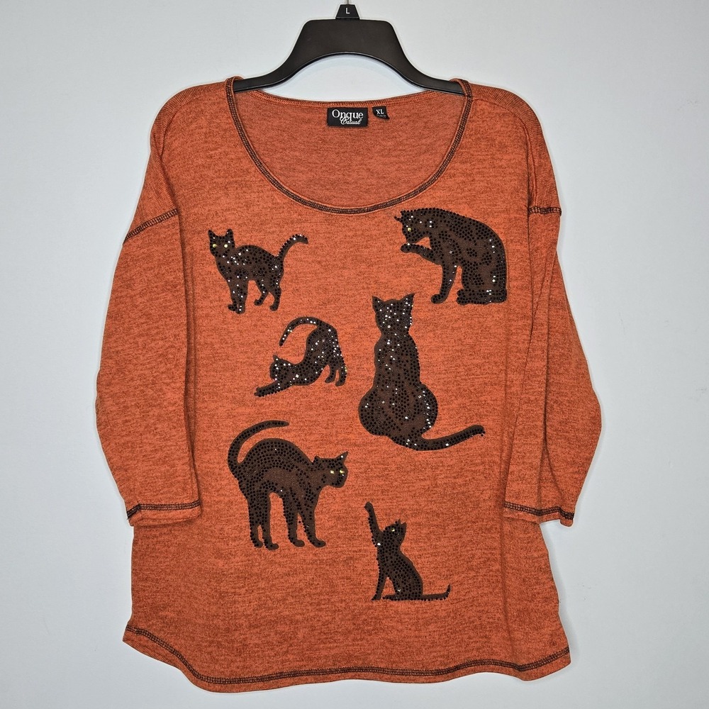 Onque Casuals XL Burnt Orange Black Cat Beaded Top Sequin Embellished Art To Wea